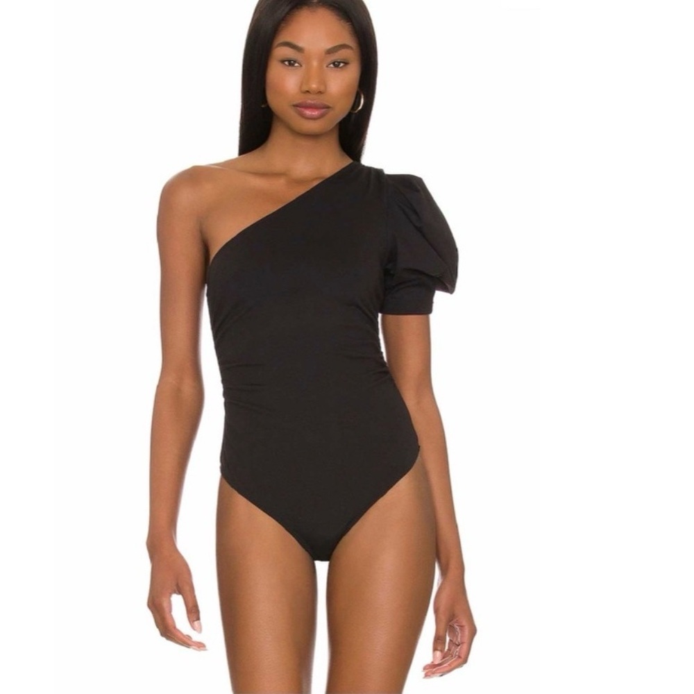Free People Black One-Shoulder Puff Sleeve Bodysuit